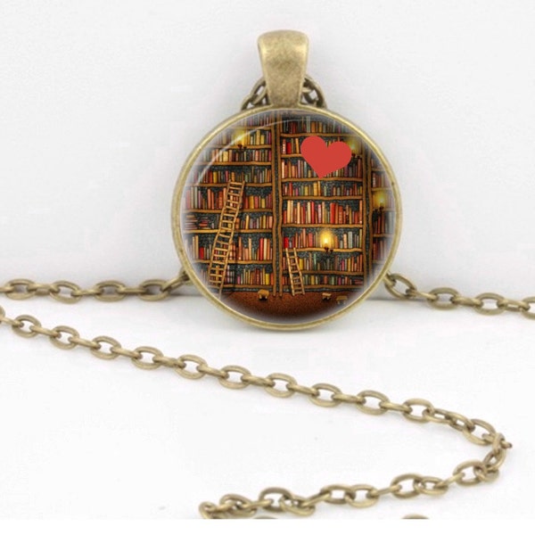 Pendant,Library Book Shelves and Ladder, Heart Necklace Jewelry Bookmark Key chain/Favor/Gift