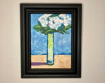 White Flowers Painting on Canvas. Framed. Signed by the Artist.