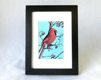 Red Cardinal Bird Print with Black Frame