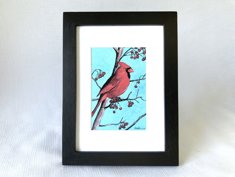 Red Cardinal Bird Print with Black Frame image 1