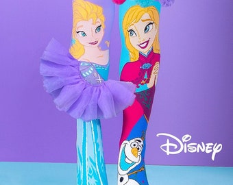 May include: A pair of blue and purple knee-high socks with a tulle ruffle on one sock. The socks feature images of Elsa, Anna, and Olaf from the Disney movie Frozen. The socks have pom-poms on the top and the text "Disney" is printed on the socks.