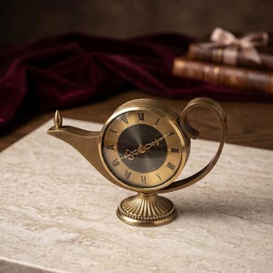 May include: A brass-toned table clock shaped like an oil lamp with a circular face, Roman numerals, and ornate hands. The clock features a curved handle, a pointed spout, and a fluted pedestal base, all finished in a metallic gold-toned hue.