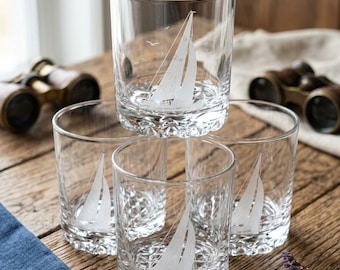 Set of 4 TRUE NORTH FRANC Nord, Canada, Etched Frosted Finish Nautical Sailboat Rocks Whisky Cocktail Glasses Father's day gift 1970s-1980s