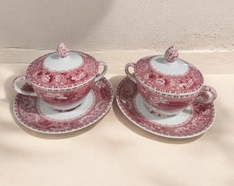 SPODE'S CAMILLA Set of 2 Double-handed Cream Soup Bowls with Lid & Saucers, Pink/red earthenware, England