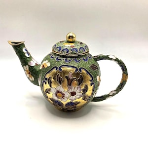 Vintage Miniature Cloisonne Teapot Green Floral Enamel Gold Tone Brass Collectible Teapot Decor Mid Century