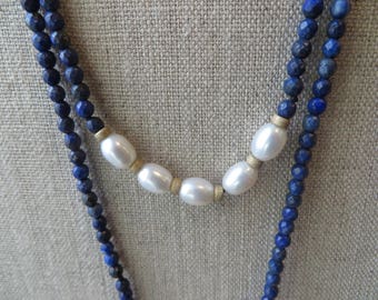 Long Gemstone and Pearl Lariat Necklace