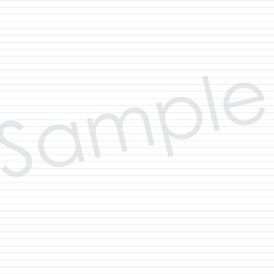 Può includere: Un foglio di carta bianca con righe, con la parola "sample" scritta in diagonale sulla pagina in un carattere grigio chiaro.