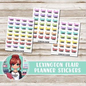 May include: Three sheets of planner stickers with colorful designs. Each sheet has 25 stickers with the words "Breakfast Date", "Lunch Date", and "Dinner Date" in different colors. The sheets are labeled "Lexington Flair".