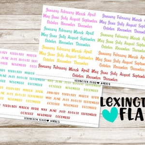 May include: A set of colorful monthly planner stickers with the months of the year printed in a rainbow of colors. The stickers are designed to be used in a planner or journal. The stickers are from Lexington Flair.
