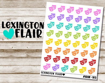 May include: A sheet of colorful stickers featuring a repeating pattern of two theater masks. The masks are in a rainbow of colors, including pink, purple, blue, green, yellow, orange, and red. The sheet is labeled "LEXINGTON FLAIR" and "#ICON-103".