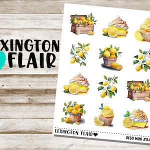 May include: A sheet of stickers featuring watercolor illustrations of lemons, lemon desserts, and lemon branches. The text "Lexington Flair" is displayed with a teal heart. The stickers are labeled "Deco Mini #040".
