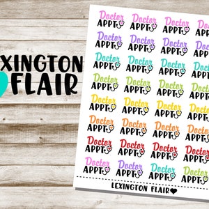 May include: A sheet of colorful stickers with the text "Doctor Appt" repeated multiple times. The stickers are in various colors, including pink, purple, yellow, green, and orange. The text "Lexington Flair" appears at the top and bottom of the sheet.
