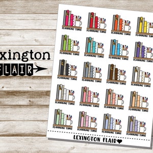 May include: A sheet of stickers featuring illustrations of bookshelves with books and mugs. The stickers are white with black outlines and feature various colors. The text "Planning Time" is repeated on each sticker.
