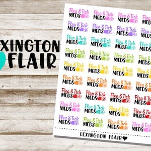 May include: A sheet of colorful stickers with the text "Flea & Tick MEDS" repeated multiple times. The stickers are arranged in a grid pattern and have a variety of colors, including pink, yellow, orange, green, and blue. The text "LEXINGTON FLAIR" appears at the top and bottom of the sheet.