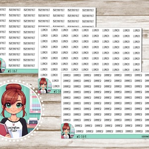 May include: Three sheets of stickers with different meal categories: breakfast, lunch, and dinner. Each sheet has a cartoon illustration of a woman with a light blue background. The text "#S-167", "#S-16", and "#S-164" is printed on each sheet. The text "Lexington Flair" is printed on the bottom of the dinner sheet.