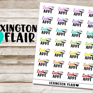 May include: A sheet of white paper with 36 colorful stickers that say "Lash Appt" in black text. The stickers are arranged in a grid of 6 rows and 6 columns. The paper has the text "LEXINGTON FLAIR" at the top and bottom.