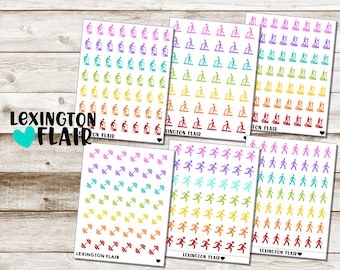 May include: Six sheets of colorful stickers with various fitness icons. The icons include a person running, a person on a treadmill, a dumbbell, and a person walking. Each sheet has a different color scheme, including pink, purple, blue, green, yellow, orange, and red. The sheets are labeled "Lexington Flair".
