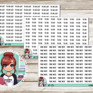 May include: A set of printable planner stickers featuring a cartoon character with red hair and a blue and white striped shirt. The stickers include the words "To Do List" and "Take Note" repeated multiple times. The stickers are designed in a cute and whimsical style.