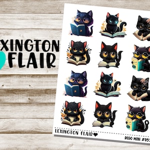 May include: A sheet of 12 black cat stickers reading "Lexington Flair" and "Deco Mini #053". Each sticker features a black cat wearing glasses and reading a book.