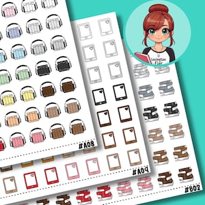 May include: Three sticker sheets featuring small illustrations of books with headphones, tablets with heart icons, and stacks of books. The sheets are labeled #A08, #A09, and #B02. A circular graphic shows an illustrated character holding a book.