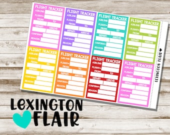 May include: Eight colourful printable flight tracker stickers with fields for airline, flight number, from, to, depart, arrive, confirm, and reason. The stickers are labelled "Flight Tracker" and have a Lexington Flair logo.