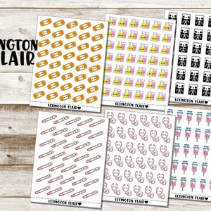 May include: Set of 10 printable sticker sheets featuring various medical-themed illustrations. The sheets include images of band-aids, test tubes, stethoscopes, syringes, and skeletons.
