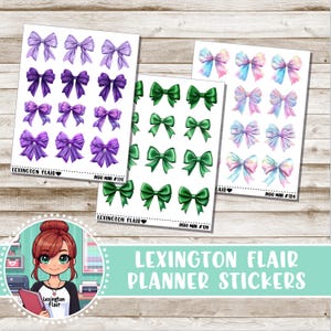 May include: Three sheets of planner stickers featuring various bow designs. The first sheet has purple bows with a gradient effect. The second sheet has green bows with a glossy finish. The third sheet has pastel rainbow bows with a watercolor effect. The sheets are labeled "Lexington Flair" and "Deco Mini #114", "Deco Mini #120", and "Deco Mini #124".