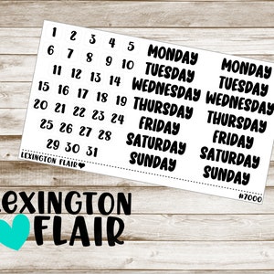 Days of the Week Plus Date Numbers - #7000 - Planner Stickers