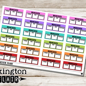 May include: A sheet of colorful stickers with the word "Macros" and spaces to write in "Carbs", "Fat", and "Protein". The stickers are in various colors, including pink, purple, blue, green, orange, and red.
