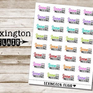 May include: A sheet of colorful stickers with the text "Zoom Meeting" repeated multiple times. The stickers are in various colors, including pink, purple, blue, green, yellow, orange, and red. The text "Lexington Flair" is at the bottom of the sheet.