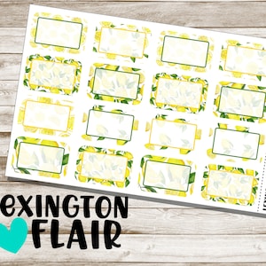 May include: Sheet of planner stickers with rectangular labels. Each label has a white center, a green border, and a yellow lemon and leaf pattern. The text "LEXINGTON FLAIR" is at the bottom with a teal heart.