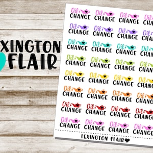 May include: A sheet of colorful stickers with the text "Oil Change" and a cartoon oil lamp. The stickers are arranged in a grid pattern and feature different colors, including pink, purple, blue, green, yellow, orange, and red. The text "LEXINGTON FLAIR" appears at the top and bottom of the sheet.