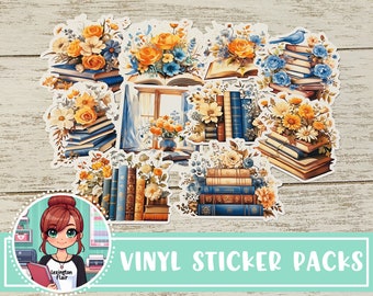 May include: A set of 10 vinyl stickers featuring stacks of books with floral accents. The stickers are perfect for decorating journals, laptops, water bottles, and more.