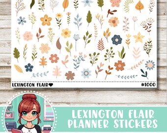 May include: A sheet of planner stickers featuring a variety of floral and leaf designs in shades of brown, yellow, blue, and pink. The stickers are labeled "Lexington Flair" and "#1000".