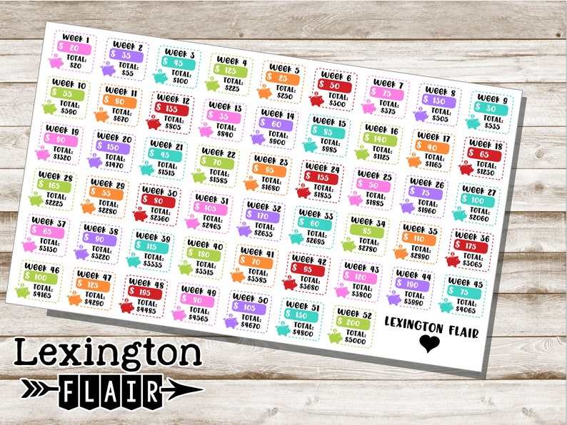 May include: A set of 52 colorful stickers with piggy banks and numbers. Each sticker has a week number, a dollar amount, and the word "TOTAL". The stickers are designed for a savings tracker or budget planner.