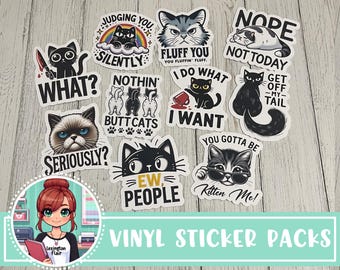 May include: A set of ten vinyl stickers featuring humorous cat illustrations and text. The stickers include phrases like "Judging You Silently", "What?", "Nothin' Buttcats", "I Do What I Want", "Get Off My Tail", "Seriously?", "Ew, People", "You Gotta Be Kitten Me!" and "Nope, Not Today".