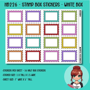 May include: A sticker sheet labeled HB226 STAMP BOX STICKERS WHITE BOX featuring 16 rectangular stickers with scalloped edges in pink, purple, teal, lime, yellow, orange, and red. Each sticker is 1.3 inches tall by 1.5 inches wide on a 7 by 5 inch sheet.
