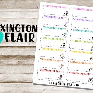 May include: A printable sheet of 10 colorful "Chiropractor Appt" labels with a stethoscope icon. The labels are designed for use as appointment reminders or for organizing medical records.