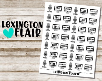 May include: A sheet of stickers with black and white illustrations of microphones, computers, and the words "Edit", "Upload", and "Record". The stickers are on a white background with a woodgrain background behind them. The text "LEXINGTON FLAIR" appears at the top and bottom of the sheet.