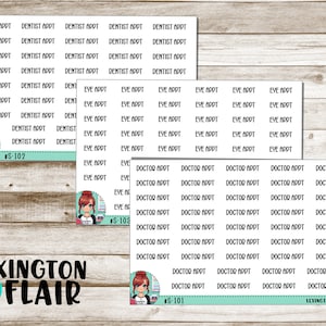 May include: A set of printable planner stickers with a teal and white background. The stickers feature the text "Dentist Appt", "Eye Appt", and "Doctor Appt". The stickers are designed with a cute cartoon character.