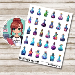 May include: A sheet of decorative stickers featuring colorful potion bottles with cork stoppers. The bottles are filled with various liquids and designs, including stars and galaxies. The text "Lexington Flair" and "DECO MINI #156" are also visible.