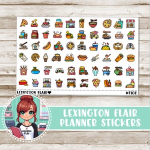 May include: A sheet of colorful planner stickers featuring various food and drink icons, including pizza, tacos, ice cream, and coffee. The stickers are designed in a cartoon style and are perfect for adding a fun and whimsical touch to your planner.