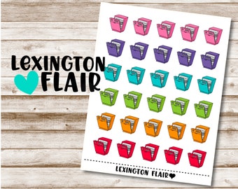 May include: A sheet of colourful dishwasher stickers with a white background. The stickers feature a cartoon dishwasher with an open door in various colours, including pink, purple, teal, green, orange, and red.