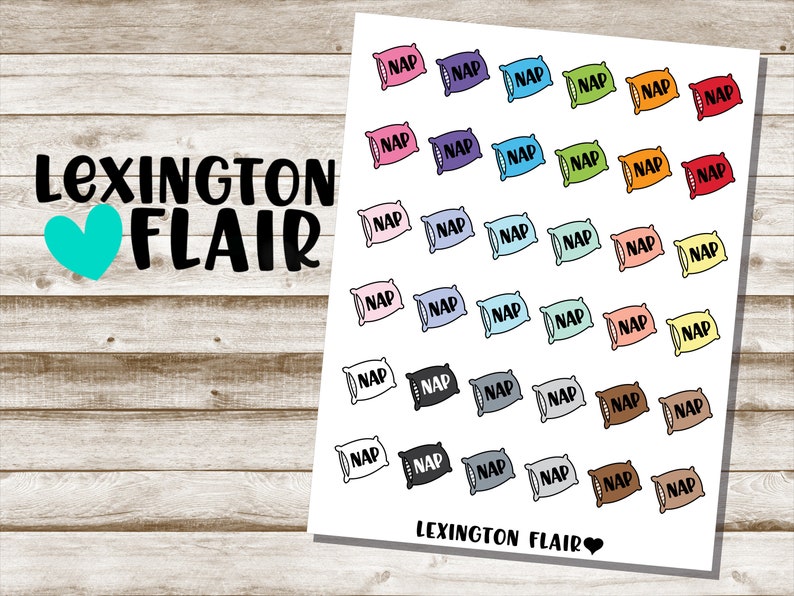 May include: A sheet of stickers with a variety of colored pillows with the word "NAP" written on them. The stickers are arranged in a grid pattern. The sheet is white with the text "LEXINGTON FLAIR" at the bottom.
