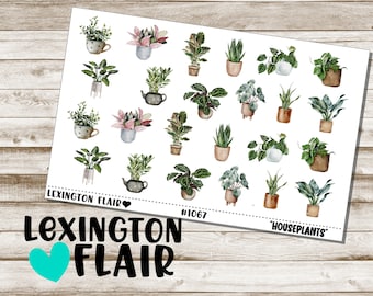 May include: A sheet of stickers featuring watercolor illustrations of various houseplants in pots and planters. The stickers include a variety of green and pink foliage. The text "LEXINGTON FLAIR" and "HOUSEPLANTS" is also visible.
