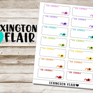 May include: A printable sheet of 12 oil change reminder stickers with a whimsical genie lamp design. Each sticker has a different colored genie lamp with a heart and the text "OIL CHANGE" in black.