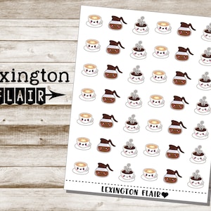May include: A sheet of stickers featuring coffee cups, coffee pots, and coffee with steam, all with cute, smiling faces. The stickers are in shades of brown, white, and beige. The text "Lexington FLAIR" is printed on the sheet.