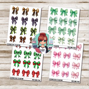 May include: Four sheets of stickers with various bow designs. The bows are in different colors and patterns, including green, red, pink, and brown. The stickers are labeled "Lexington Flair" and "Deco Mini".