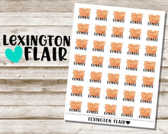 May include: A sheet of 30 brown cardboard box stickers with a smiling face and the word "DONATE" printed on each. The stickers are arranged in 5 rows of 6 stickers. The sheet is white with the words "LEXINGTON FLAIR" printed at the bottom.