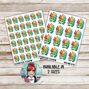 May include: Two sheets of stickers featuring a cartoon dumpster with rainbow flames. The dumpsters are green with smiling faces. The text "LEXINGTON FLAIR" and "DEGO MINI #147" are visible. The image also includes a cartoon of a woman and the text "AVAILABLE IN 2 SIZES."